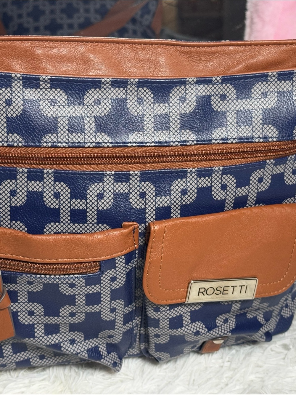 Rosetti Navy Patterned Messenger Bag with Tan Trim